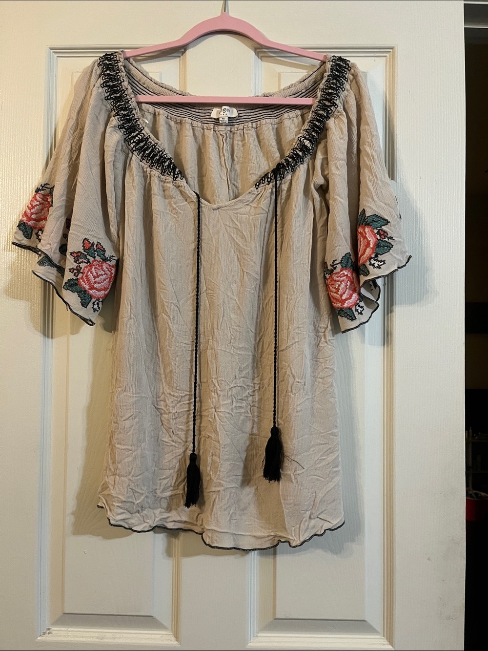 Kay Unger Beige Peasant Blouse with Rose Embroidery and Black Tassels
